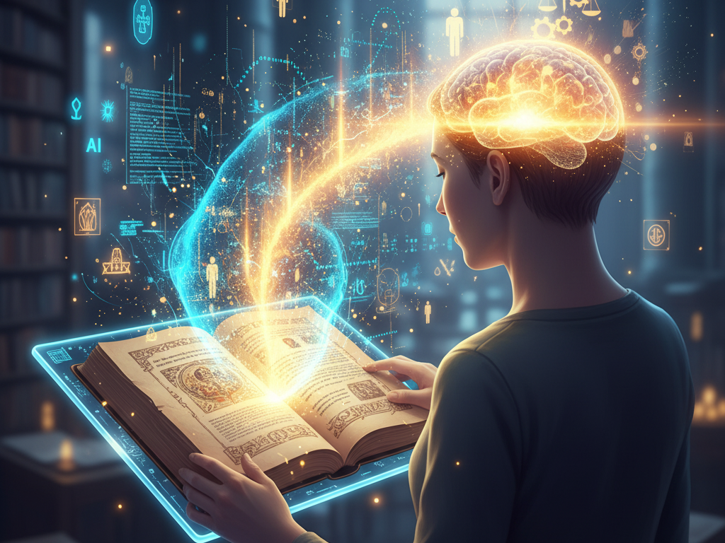 An open book with abstract concepts flowing out