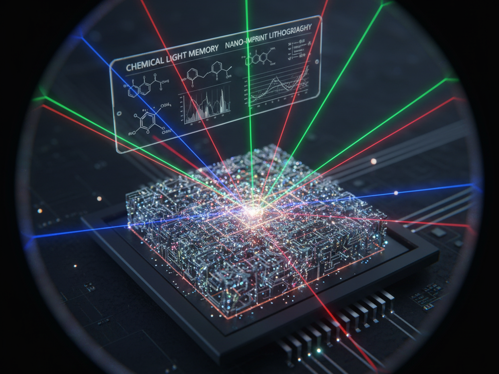 Conceptual image of laser beams writing data into a crystal or chemical matrix